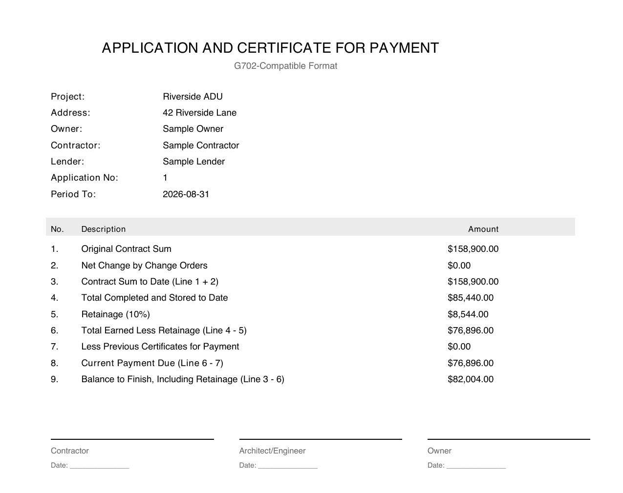 Page one of the G702 for the Riverside ADU sample draw: current payment due $76,896.00